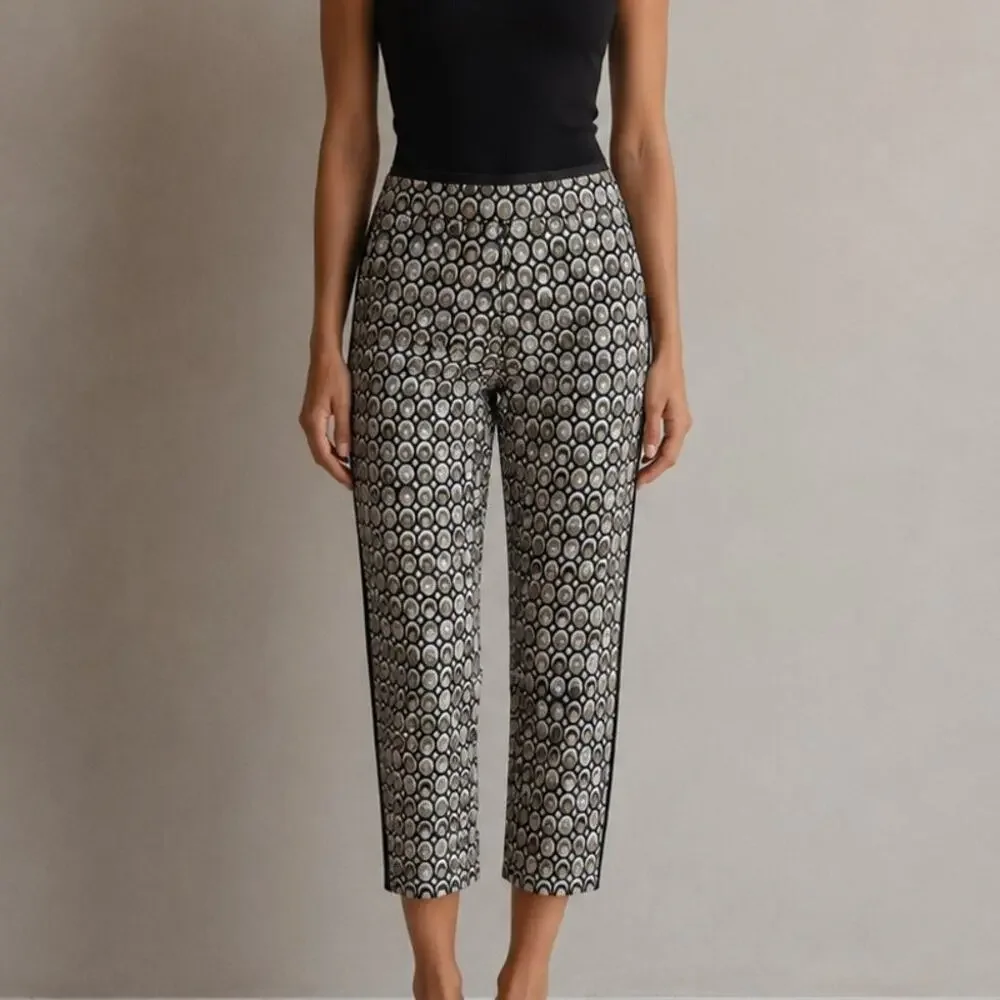 Racil Tan Gray Navy Circle Print Side Satin Stripe Cropped Trouser 38 US2
